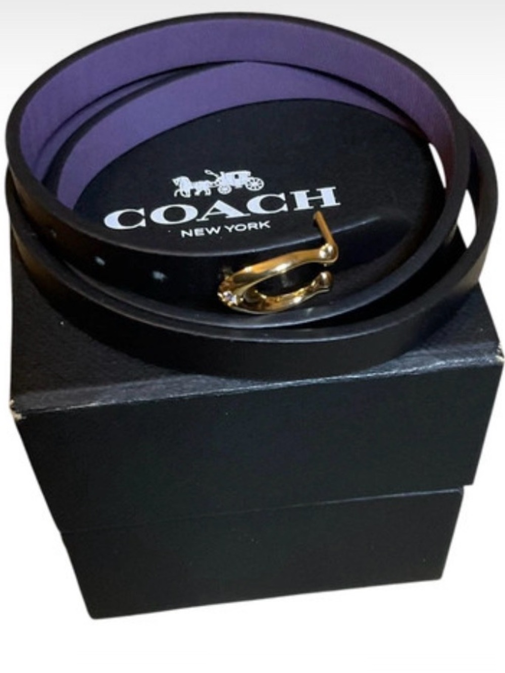 Coach Black Double Wrap Leather Bracelet with Purple Lining and Gold Buckle
